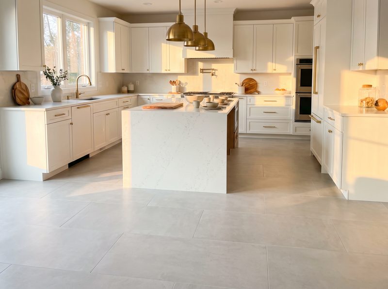 Large-format light gray porcelain floor tile in a modern kitchen