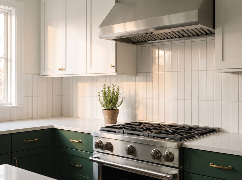 Vertical stacked white subway tile kitchen backsplash