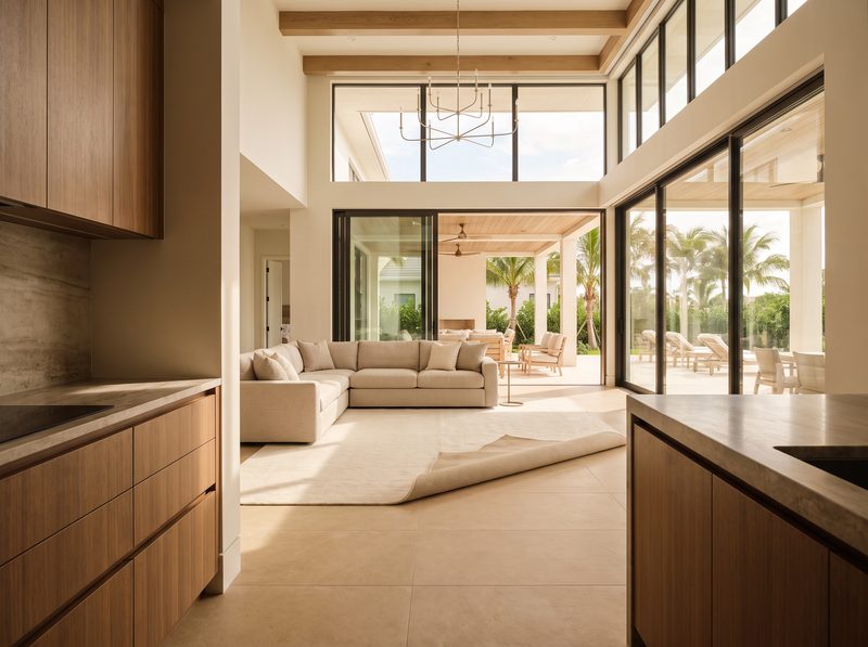 Sand-toned large-format porcelain floor tile in an open Florida living room