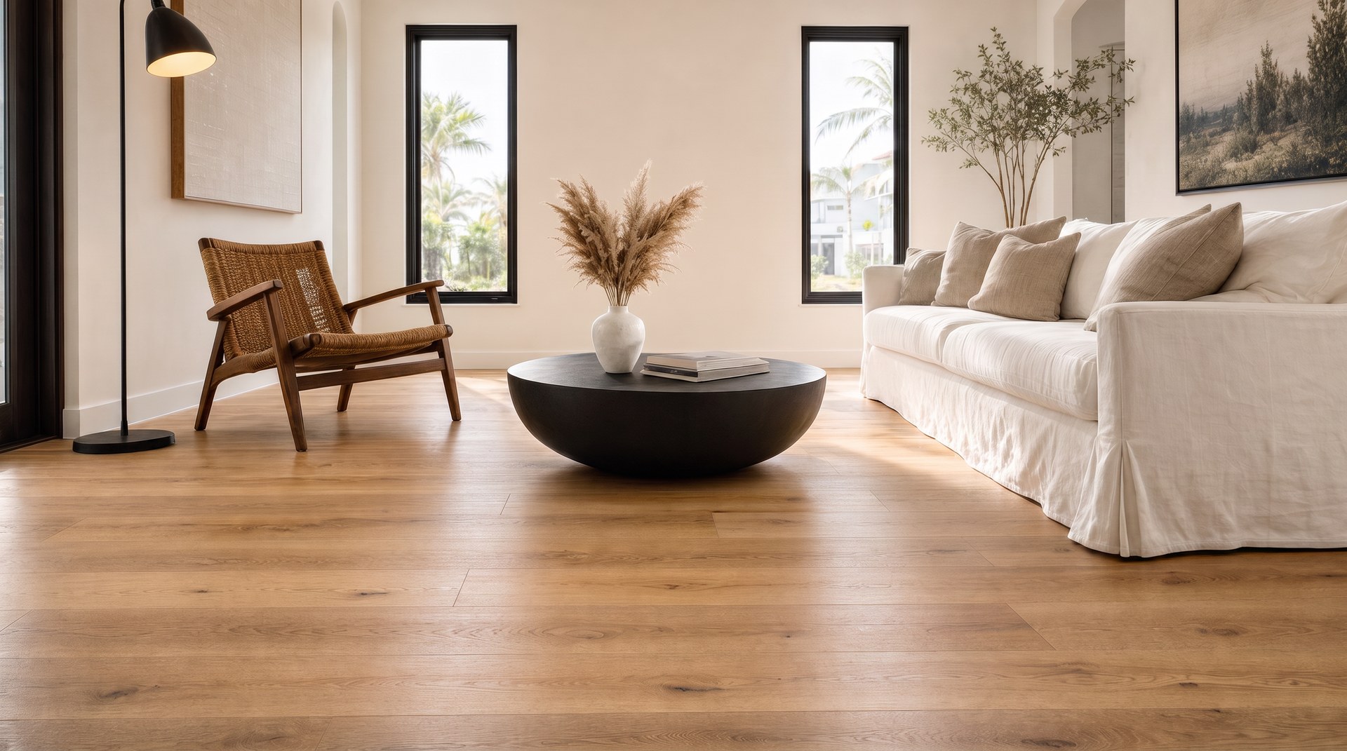 Warm natural oak LVP flooring in a bright Central Florida living room