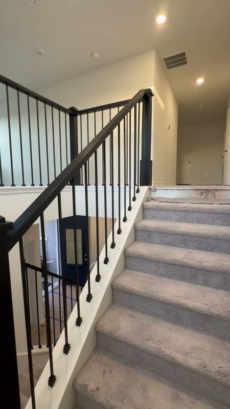 Black stair rails and balusters on carpeted stairs