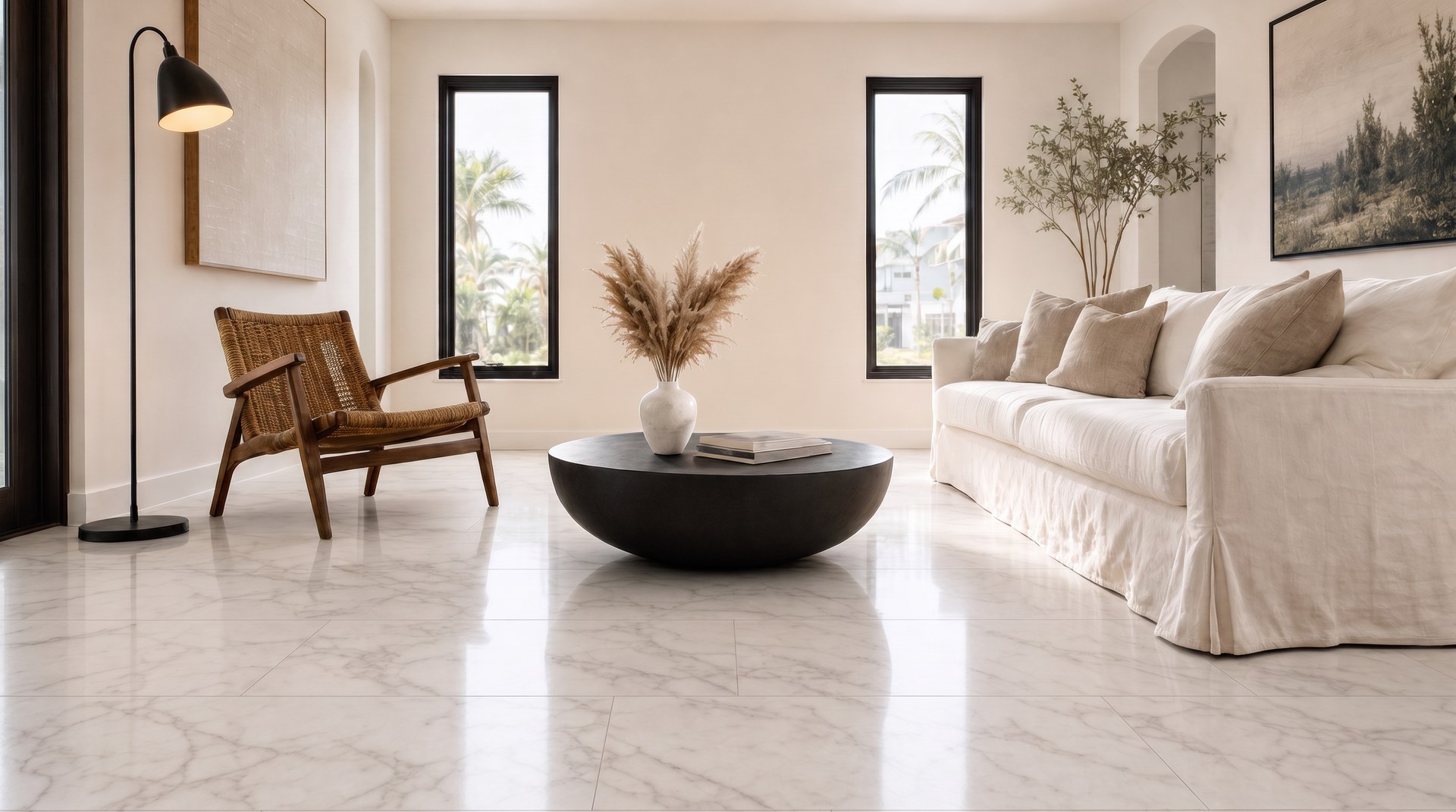 Recently installed porcelain floor tile in a Central Florida kitchen remodel
